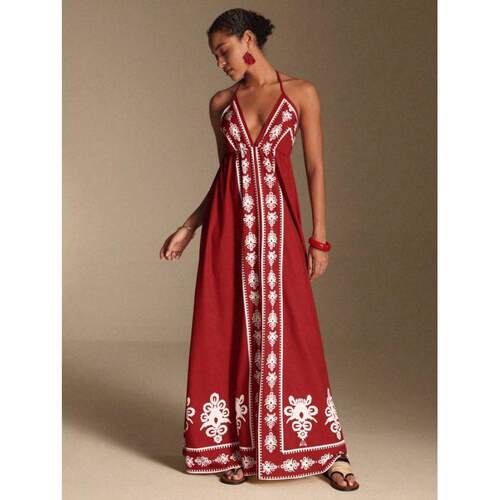Fashion Position Print Dress, Boho Style Bohemian Spaghetti