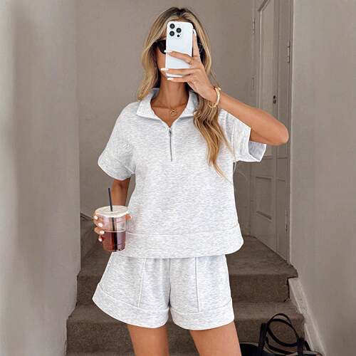 Women's Summer Half High Neck Zipper Design Short Pants Set