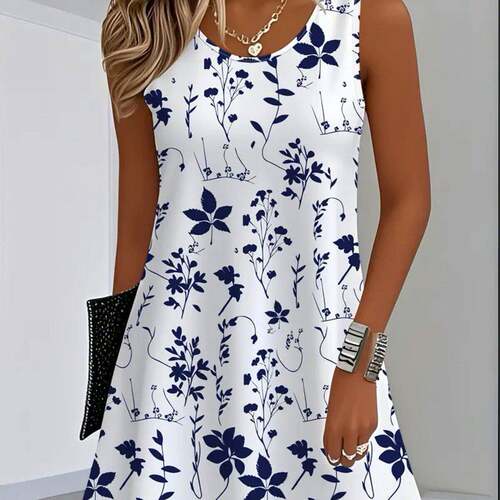 Elegant Leaf Print Round Neck Short Sleeve Dress