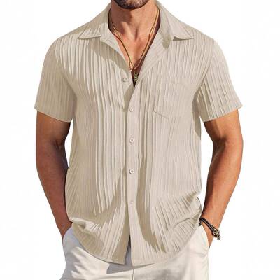 Men summer shirt casual Button Collared tropical plain color