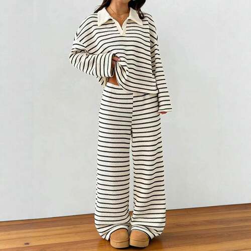 2-piece women's Casual loose striped V-neck dropped shoulder