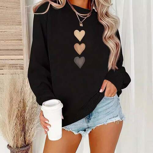 Women's Heart Print Crew Neck Thermal Lined Sweatshirt,