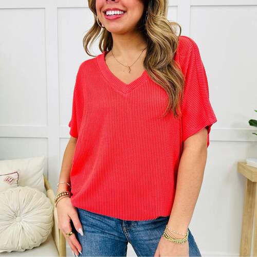 Women's 1pc Ribbed V-Neck Short-Sleeve Blouse