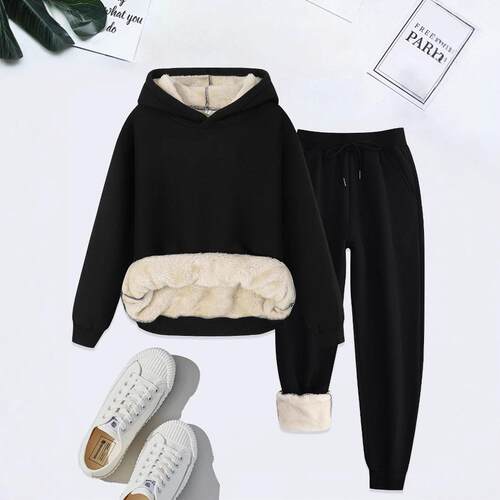 Women's Cartoon Owl Print Plush Hoodie & Drawstring Pants