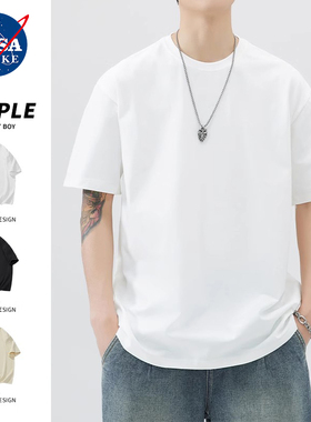 NASA重磅白色纯棉纯色短袖T恤男女打底衫体恤内搭黑色上衣男半袖t