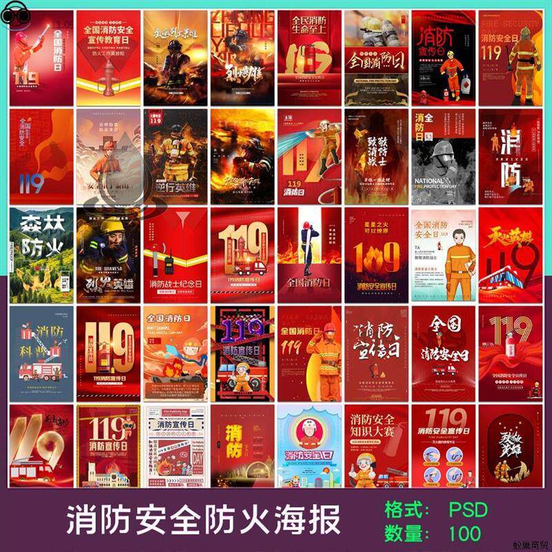 消防员119烈火英雄救火灭火消防安全宣传日创意海报素材设计模板