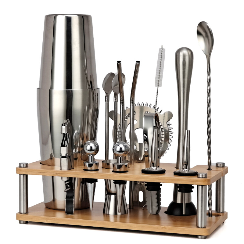 新品17件套日式不锈钢调酒器鸡尾酒套装可拆卸竹架酒吧工具吸管版
