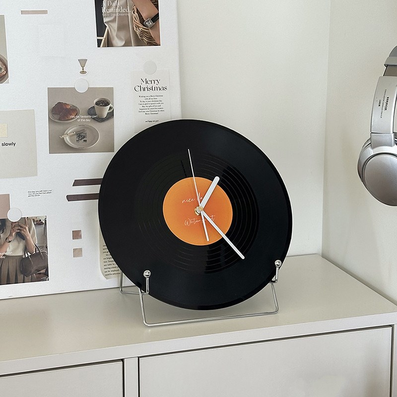 黑胶唱片摆钟高档摆件复古桌面钟表DIY个性抖音新款生.日礼物时尚