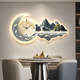 山水发光壁画 现代轻奢餐厅装 饰画九鱼带钟表高级感客厅挂画新中式