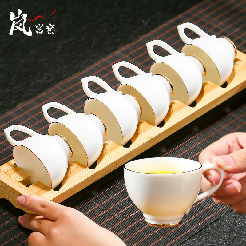 防烫手带把茶杯6只装茶具喝茶小杯子茶碗功夫茶品茗杯羊脂玉白瓷