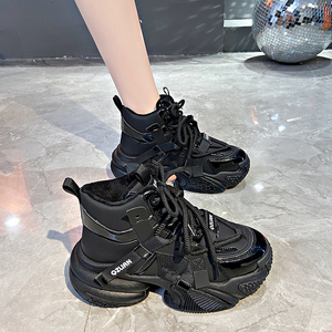 百丽百搭真皮老爹鞋女款2023秋冬新款潮流小个子内增高加绒休闲鞋