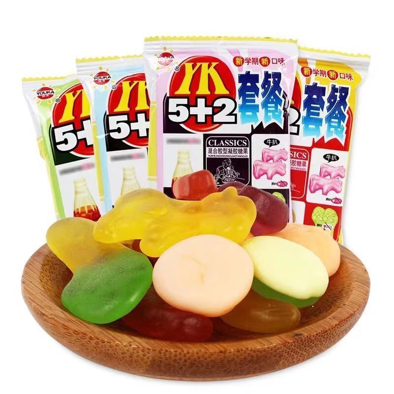 五彩绳5+2套餐橡皮糖汁软糖果c卷水果味糖果8090后怀旧解馋小零食