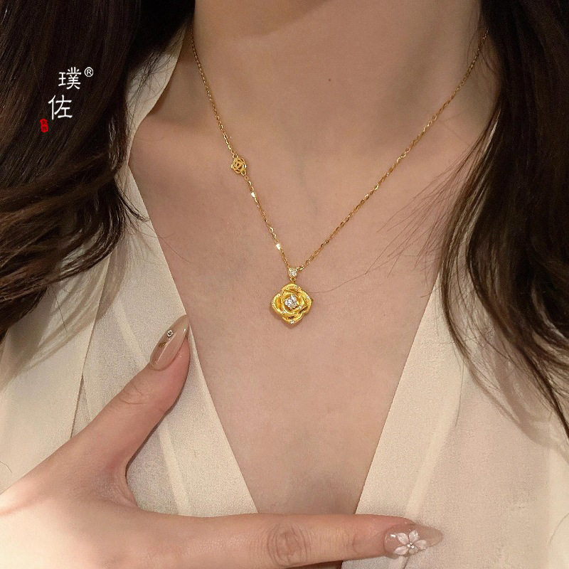 金店同款越南沙金拉丝镶钻玫瑰花项链女复古老钱风温柔气质锁骨链