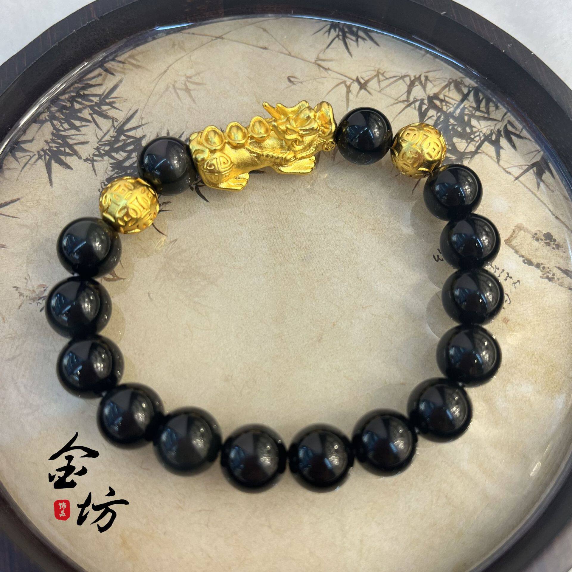 金店同款999越南沙金貔貅手串男士国风黑曜石串珠仿真金色饰品