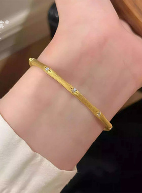金店同款沙金中古风拉丝工艺缎带镶钻六芒星开口手镯细女款镯子女