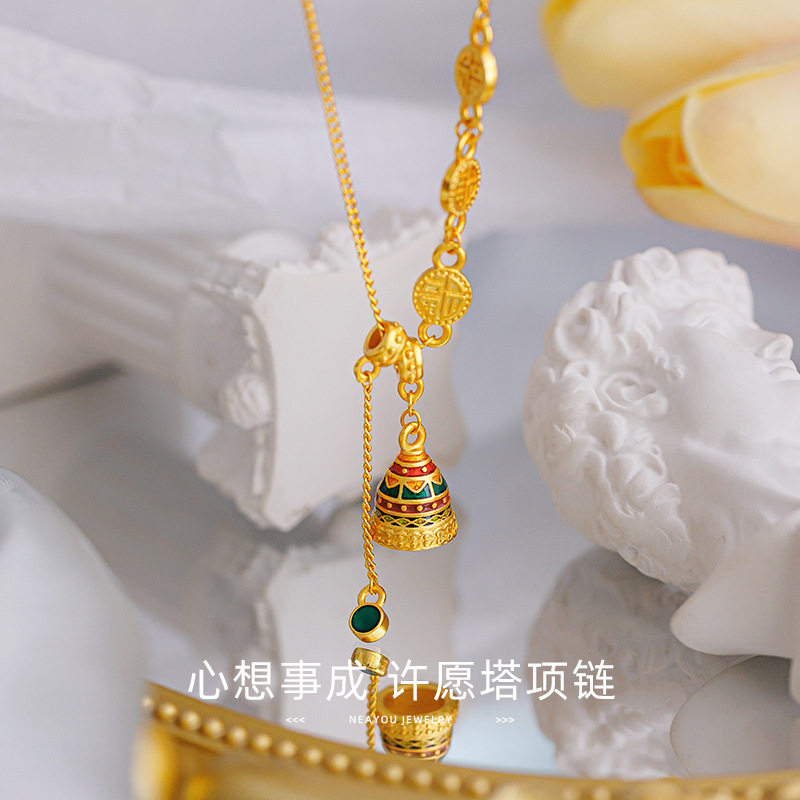 沙金古法国潮藏式圆福许愿套链新中式设计感珐琅彩工艺女款项链