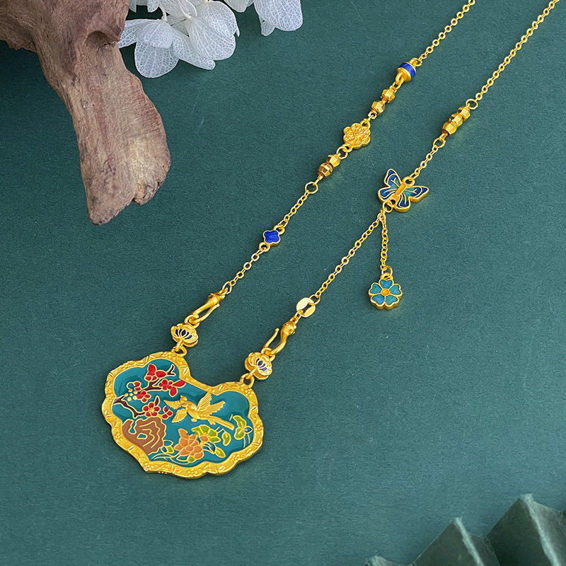 越南沙金古法珐琅小彩蝶双钩链万能链蝴蝶凤凰双耳扣设计百搭锁骨