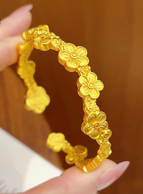 古法复古越南沙金錾刻梅花蝴蝶开口手镯锤纹花朵福蝶开口镯子防金