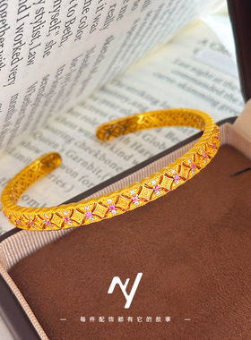 越南沙金999轻奢设计感vitage复古红钻泰陵姬开口仿真金色手镯