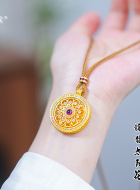 金店同款越南沙金镶钻葫芦花窗罗盘项链新中式仿真金福禄毛衣链女
