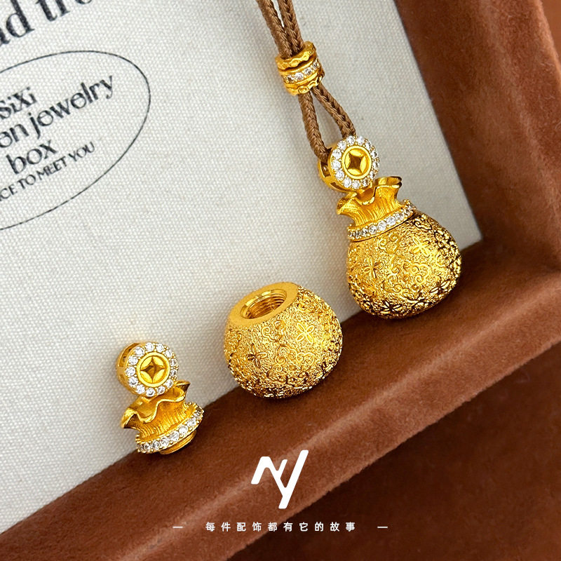 越南沙金999cnc戗刻开合镶钻招财铜钱香囊福袋吊坠仿真金色项链