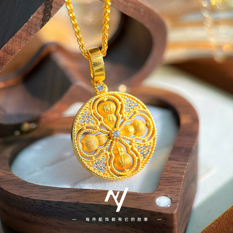 古法越南沙金不掉色拉丝镶钻十字金刚杵旋转葫芦吊坠仿真金色项链