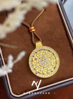 越南沙金999新中式百搭点钻旋转铜钱罗盘仿真金色吊坠毛衣链挂坠