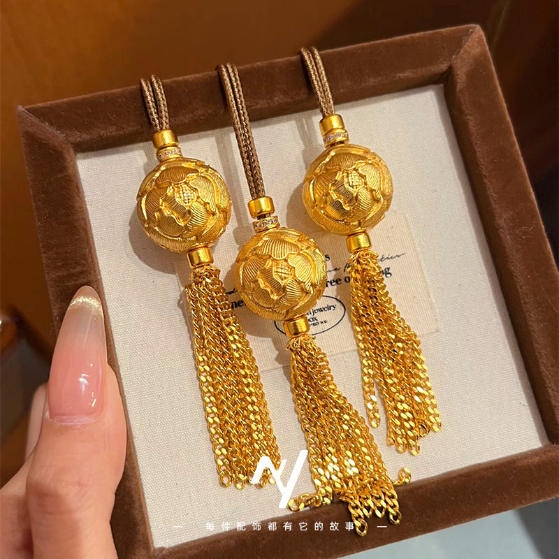 新中式编织越南沙金不掉色錾刻牡丹花球流苏长款仿真金毛衣链项链
