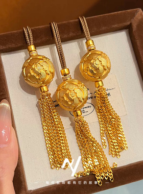 新中式编织越南沙金不掉色錾刻牡丹花球流苏长款仿真金毛衣链项链