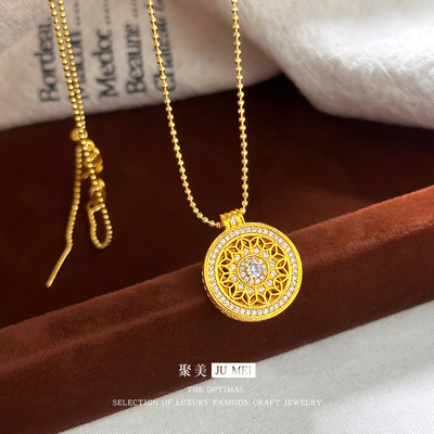vitage设计感女款越南沙金微镶镂空花窗吊坠爆闪珠珠仿真金色项链