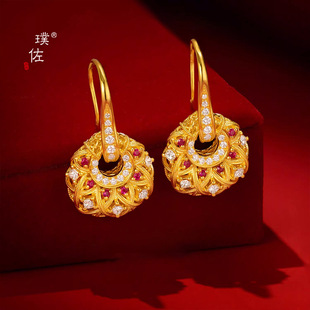 金店同款越南沙金镶钻唐彩菱耳环女新中式复古高级感耳饰仿真金