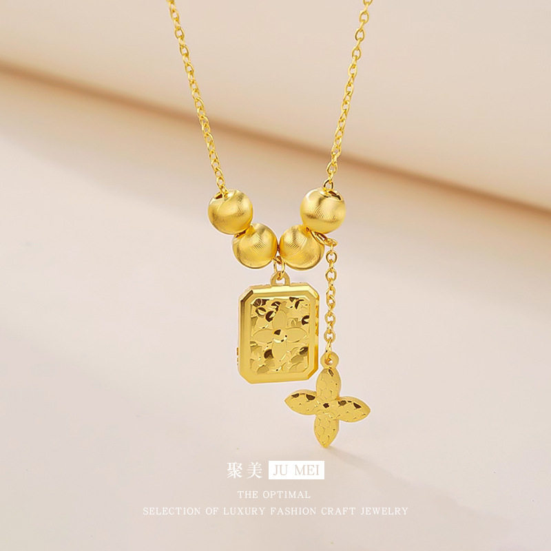 中古风越南沙金碎冰冰幸运草项链女款vitage轻奢锁骨链小众设计感