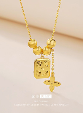 中古风越南沙金碎冰冰幸运草项链女款vitage轻奢锁骨链小众设计感