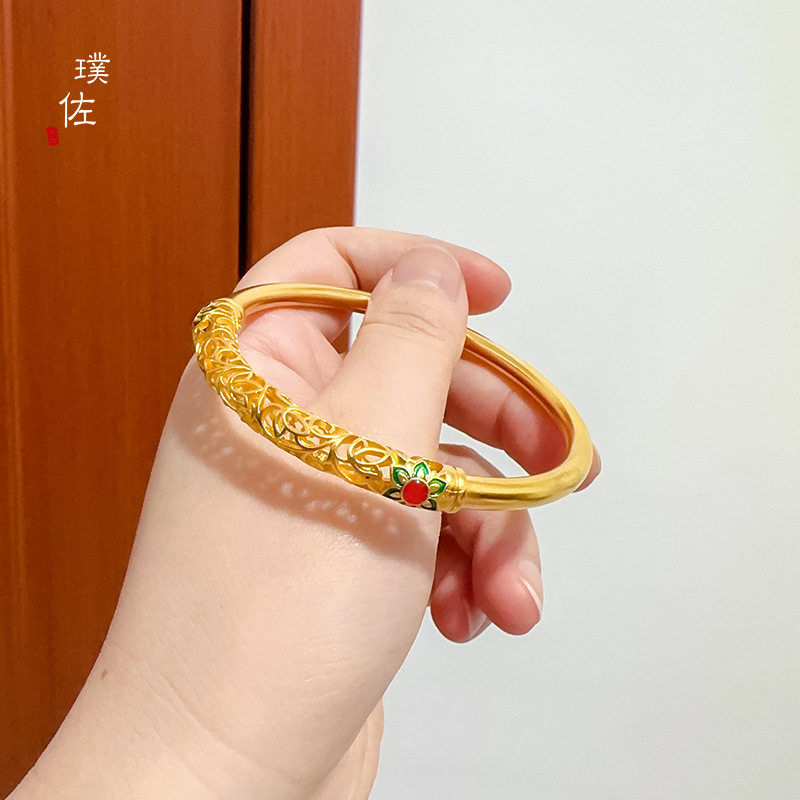 不掉色越南沙金女士手镯2026敦煌传承祥瑞送福珐琅雕花镂空手环潮