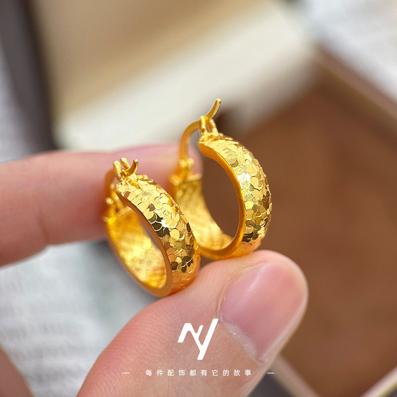 越南沙金999碎冰耳环耳圈女轻奢时尚百搭仿真金色耳饰品送人礼物