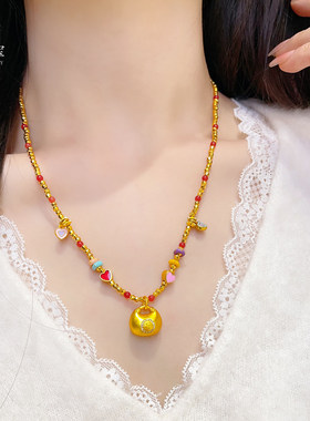 古法越南沙金点钻胖福糖果色爱心蹦迪珠项链实心福字胖坨珠挂坠女