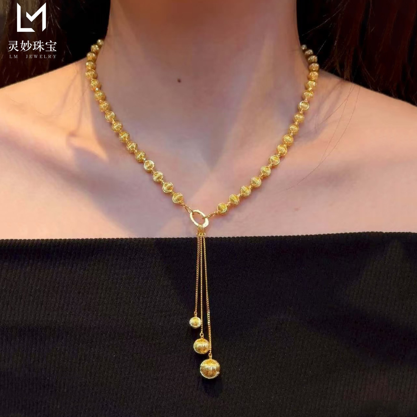 古法越南沙金不掉色点钻猫眼流苏项链拉丝珠珠锁骨链简约百搭首饰