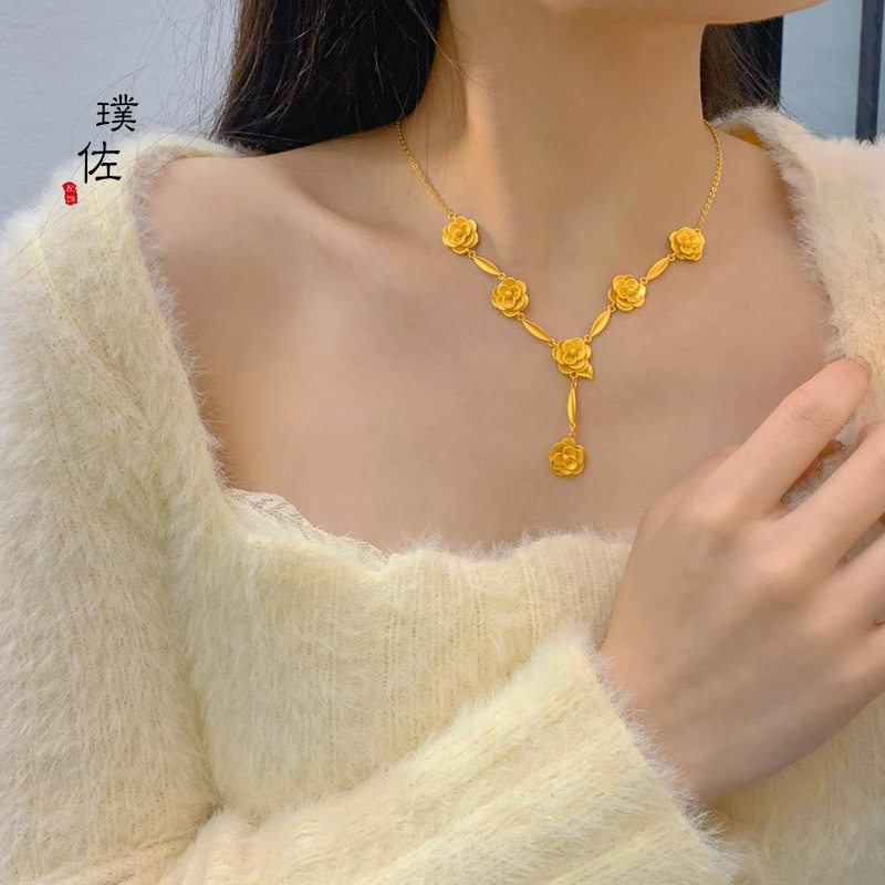 金店同款古法越南沙金山茶花项链套装结婚新娘饰品三金送女友礼物