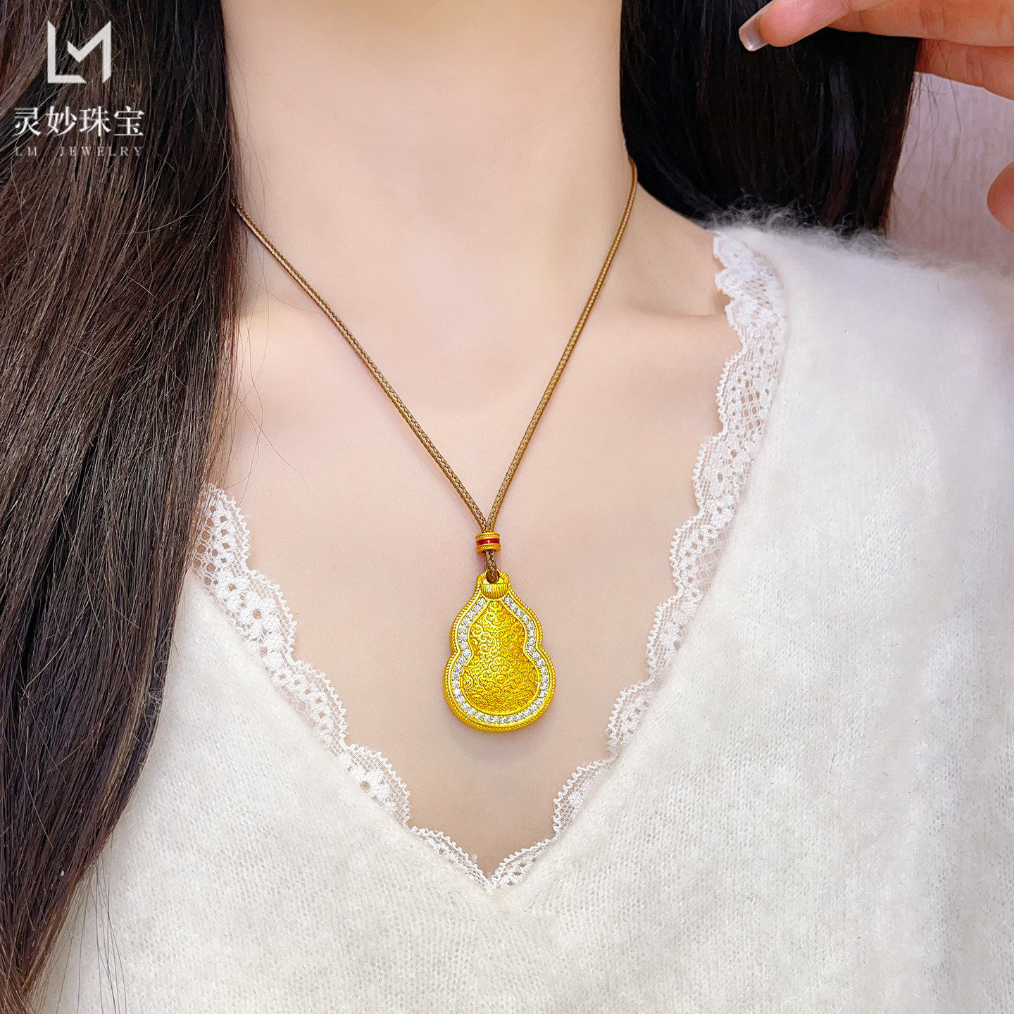 越南沙金999古法点钻如意窗花葫芦吊坠项链防真黄金扁福禄挂坠女