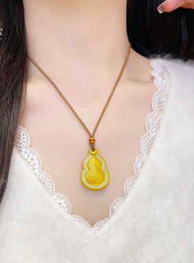 越南沙金999古法点钻如意窗花葫芦吊坠项链防真黄金扁福禄挂坠女