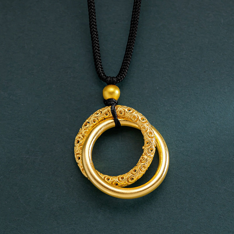 沙金双圈吊坠圆圈挂坠时尚项坠镂空雕花圆形吊坠国潮无极金可男女