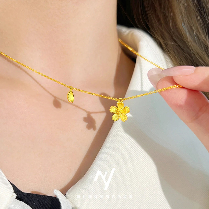 金店款越南沙金999樱花项链高级气质一体套链仿真金色花朵锁骨链