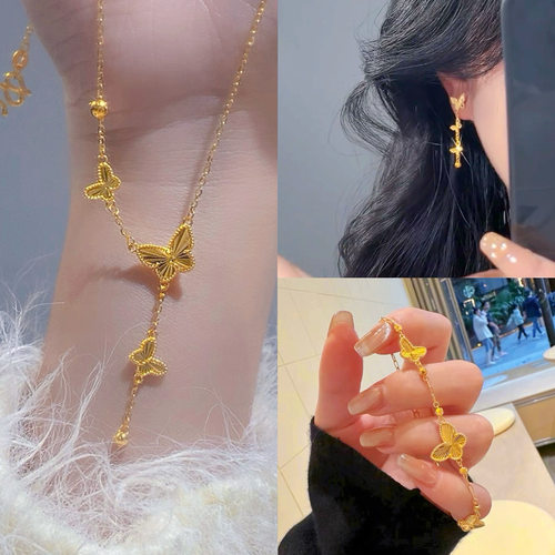 高保色金店款沙金蝴蝶项链女款时尚百搭镭射蝴蝶手链耳沙金饰品