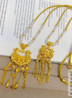 古法越南沙金珍珠繁花似锦百合花流苏项链设计手工款项链仿真金色