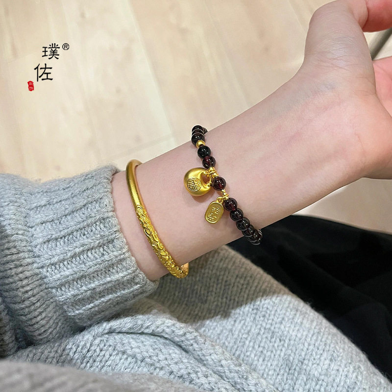 金店同款沙金天然石榴石招财纳福手链女小众精致胖福水晶手串