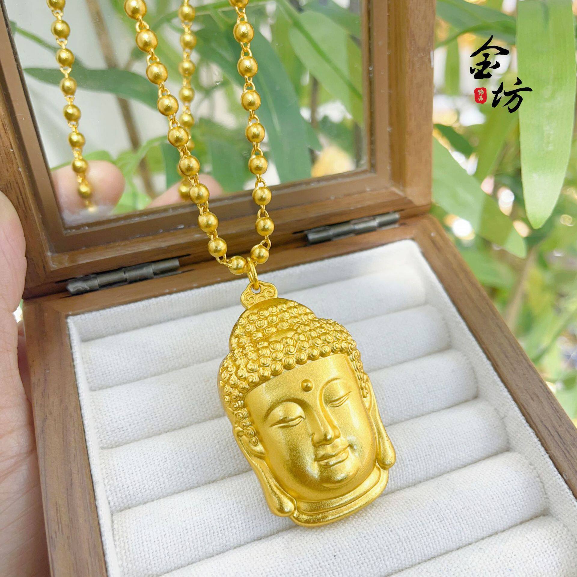越南沙金不掉色平安如来佛吊坠金珠黑绳项链项坠仿真金色实心佛头