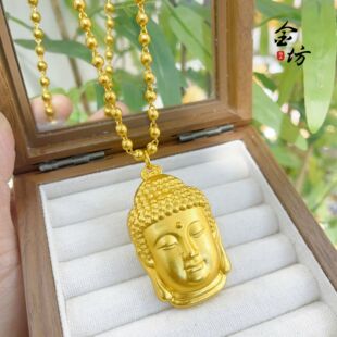 越南沙金不掉色平安如来佛吊坠金珠黑绳项链项坠仿真金色实心佛头