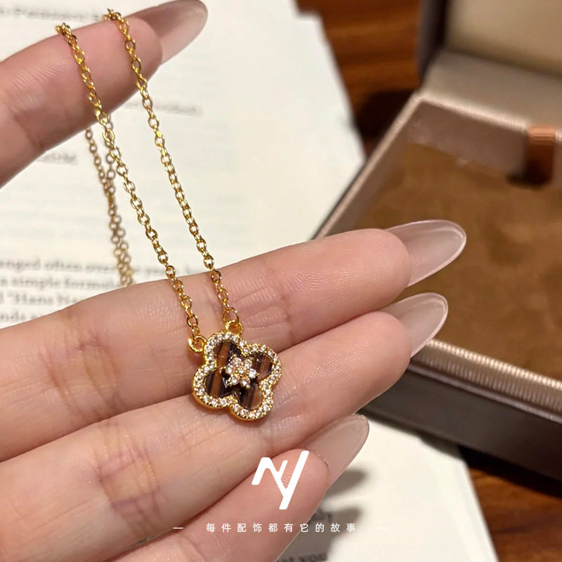 越南沙金不掉色金色虎眼石四叶草吊坠项链配饰女仿真金色锁骨链