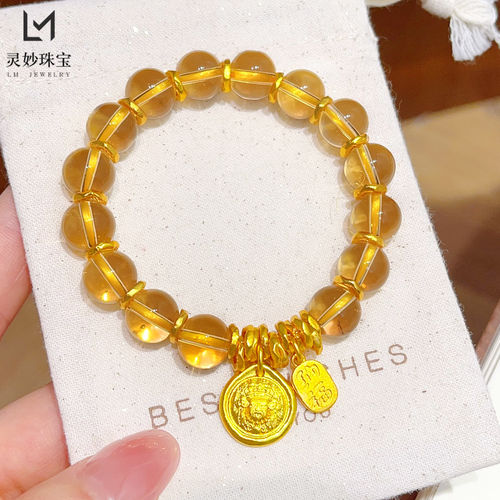 新中式越南沙金錾刻黄财神纳福牌黄水晶盘缠手链碎金珠手串复古女
