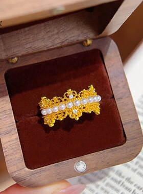 新中式复古越南沙金不掉色蕾丝珍珠皇冠开口戒指花丝食指戒宫廷风